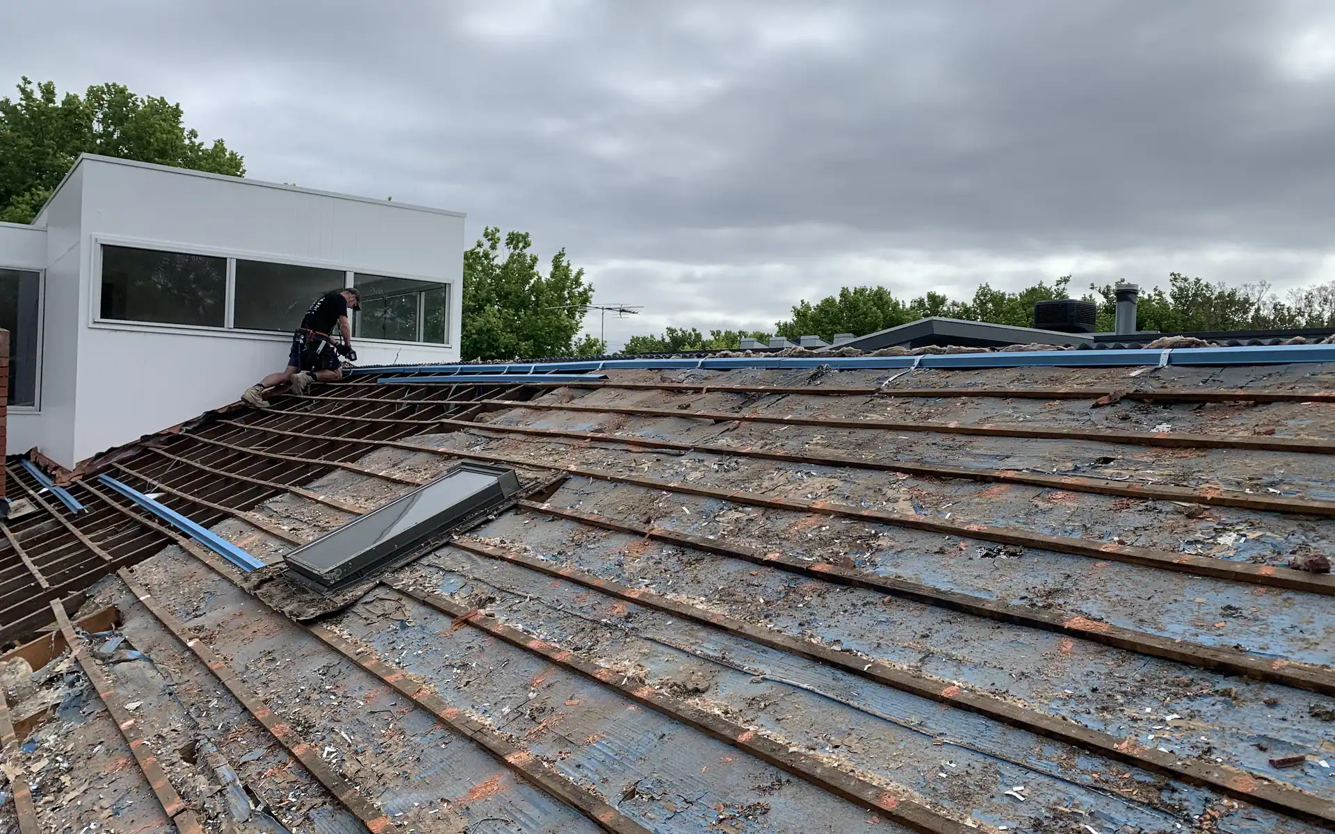 Old roof sheeting being stripped from a building