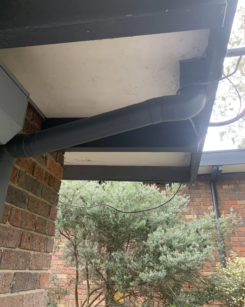 New gutter and downpipe elbow under an eave