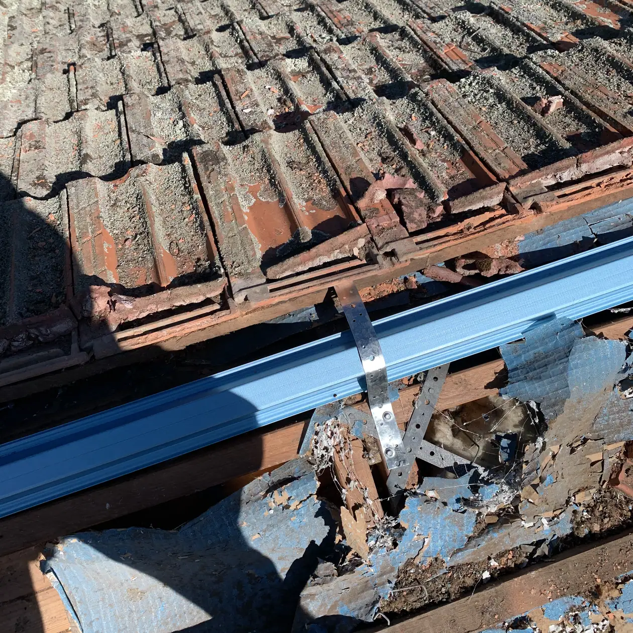 Old roof sheeting being stripped from a house